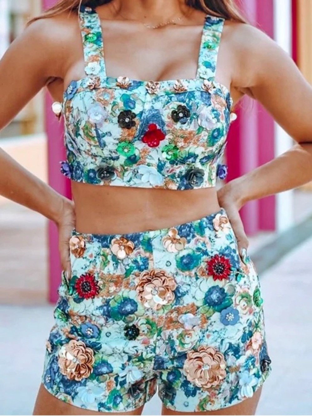 Floral Bejeweled Nichole Lynel Crop Top & Shorts Set